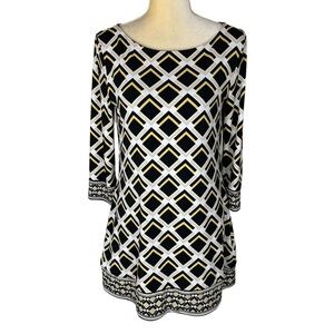 White House Black Market Boatneck ¾‎ Sleeve Mini Dress Tunic Geometric Size M